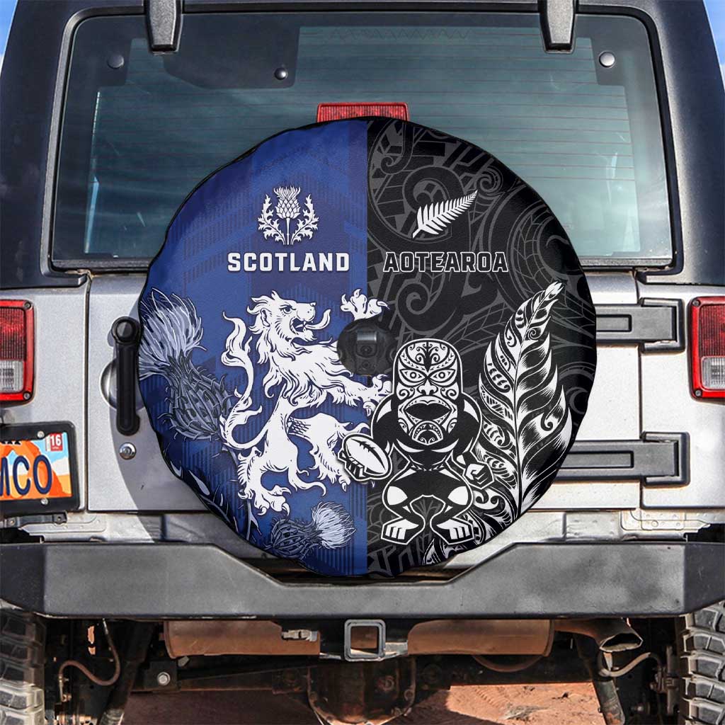 New Zealand And Scotland Rugby Spare Tire Cover Maori Tiki With Thistle Together