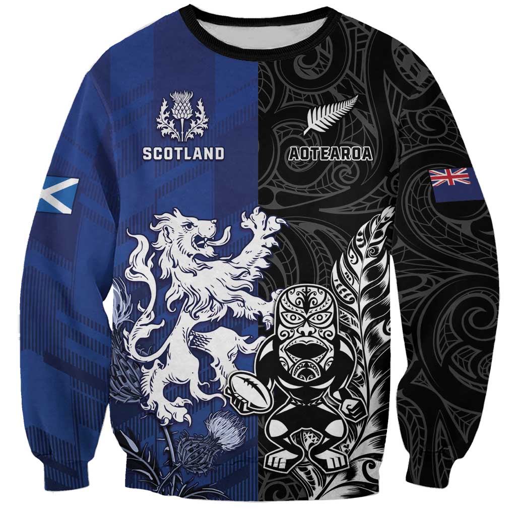 New Zealand And Scotland Rugby Custom Sweatshirt Maori Tiki With Thistle Together