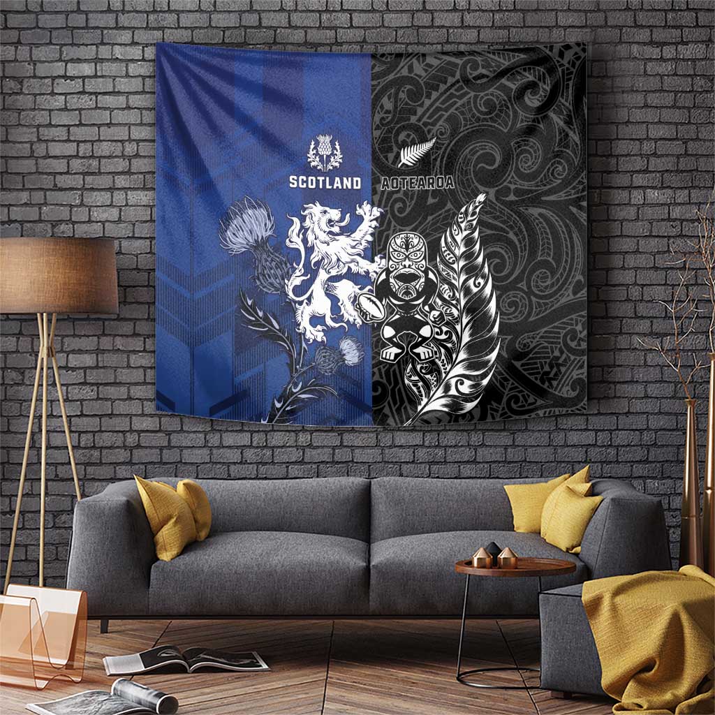 New Zealand And Scotland Rugby Tapestry Maori Tiki With Thistle Together