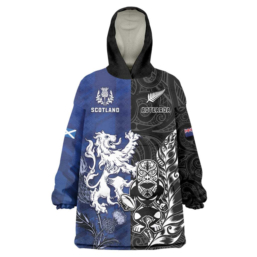 New Zealand And Scotland Rugby Custom Wearable Blanket Hoodie Maori Tiki With Thistle Together