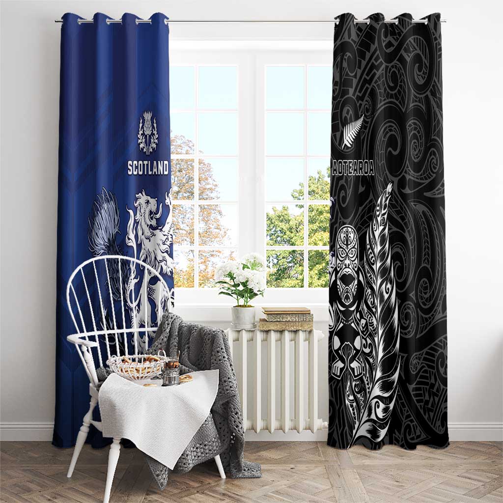 New Zealand And Scotland Rugby Window Curtain Maori Tiki With Thistle Together