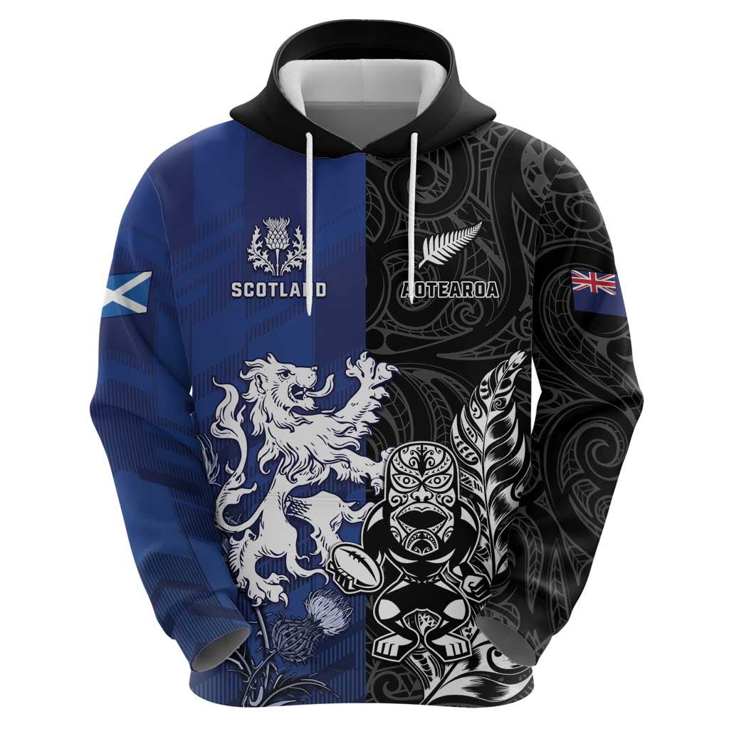 New Zealand And Scotland Rugby Custom Zip Hoodie Maori Tiki With Thistle Together