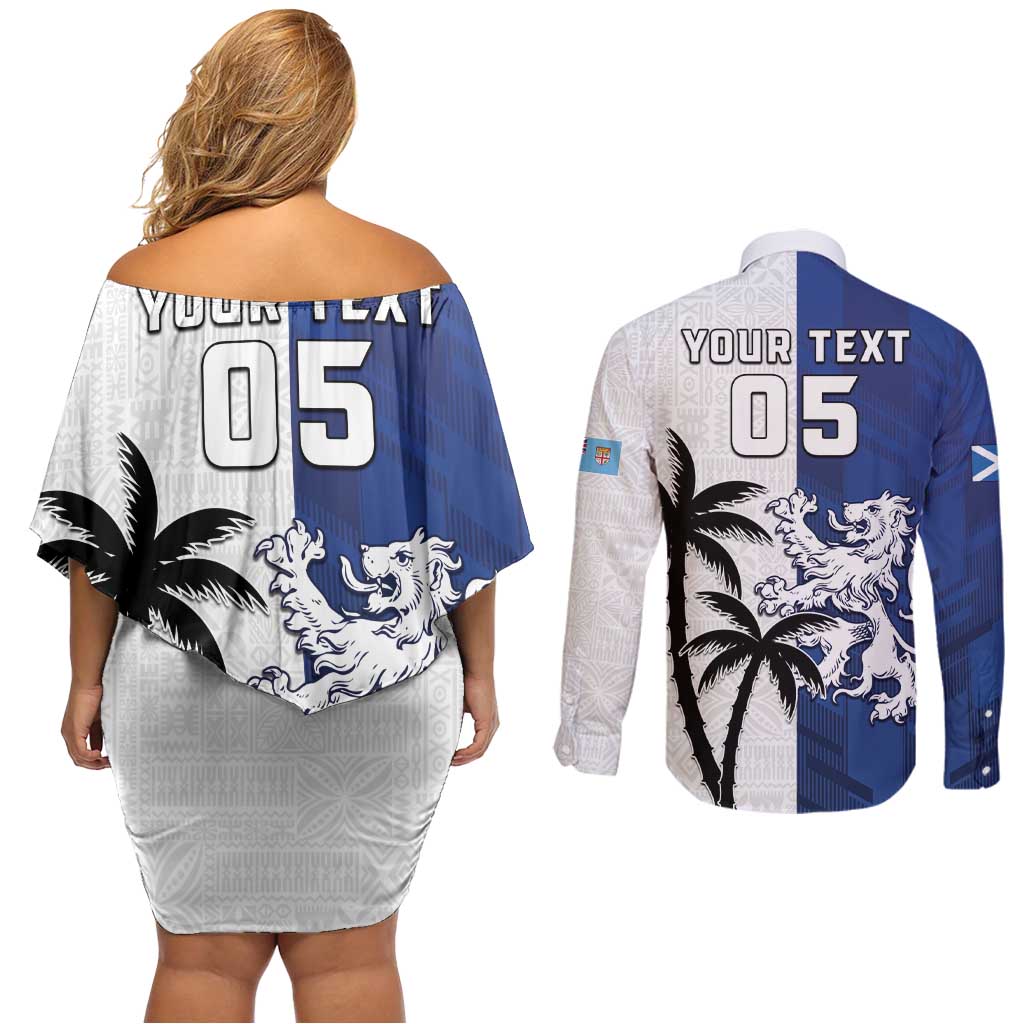 Fiji And Scotland Rugby Custom Couples Matching Off Shoulder Short Dress and Long Sleeve Button Shirt Fijian Palm Tree With Thistle Together