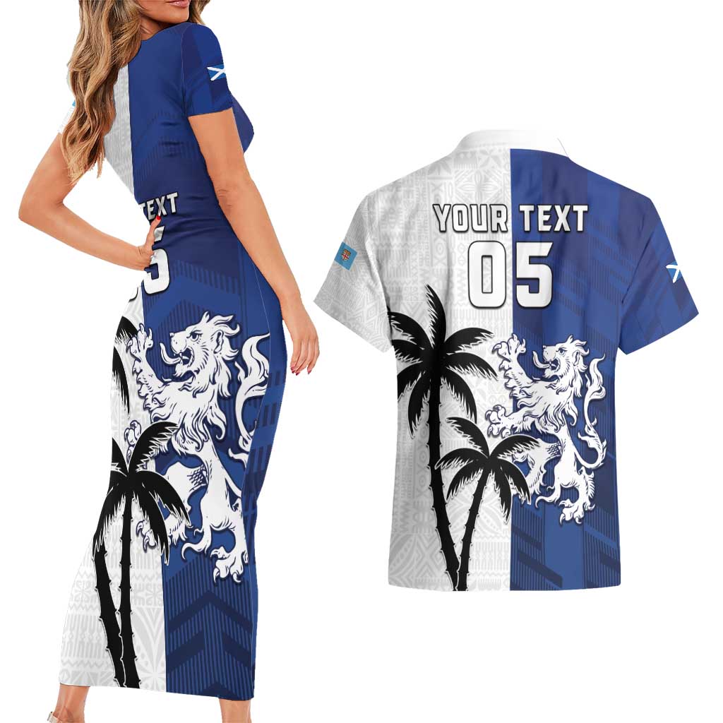 Fiji And Scotland Rugby Custom Couples Matching Short Sleeve Bodycon Dress and Hawaiian Shirt Fijian Palm Tree With Thistle Together