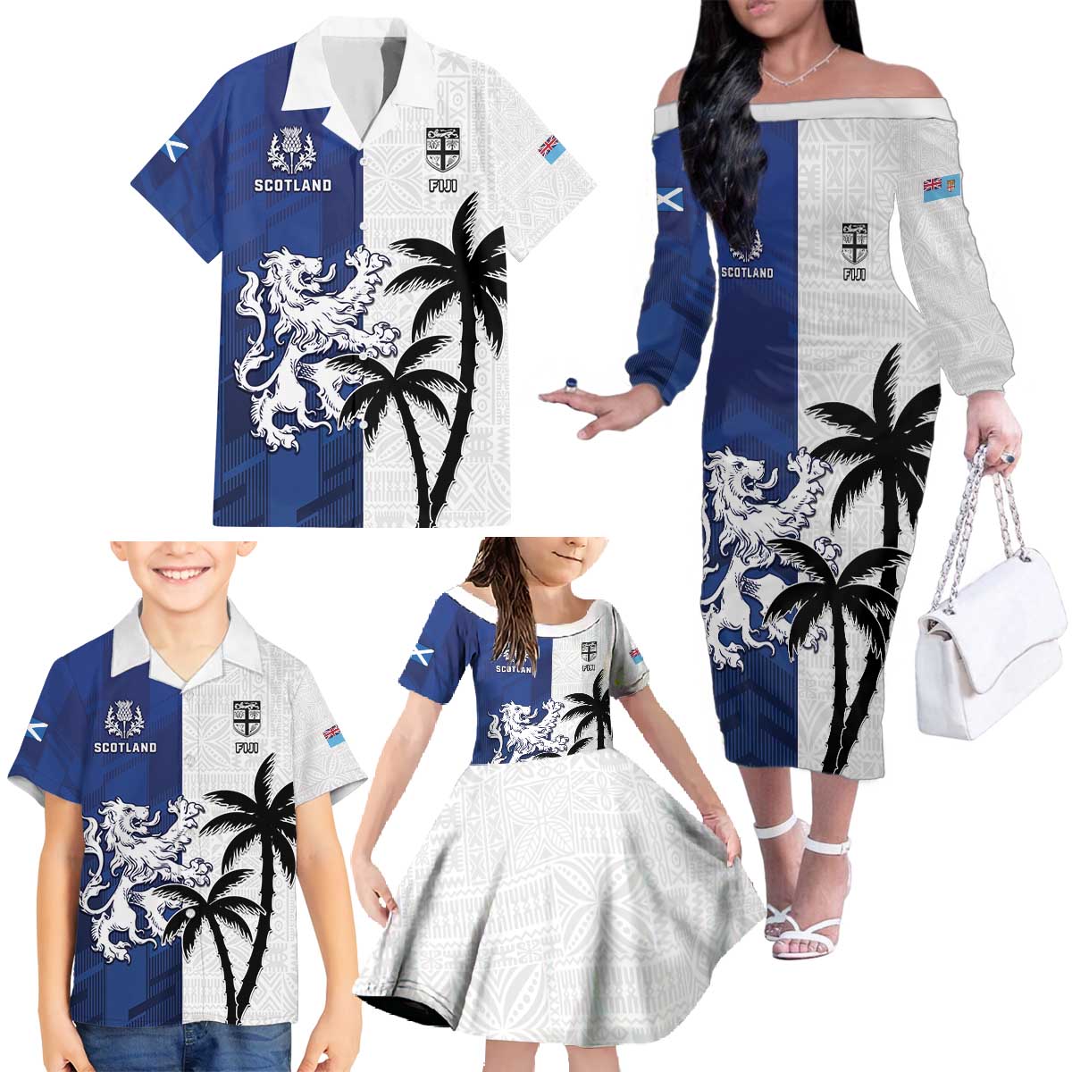 Fiji And Scotland Rugby Custom Family Matching Off The Shoulder Long Sleeve Dress and Hawaiian Shirt Fijian Palm Tree With Thistle Together