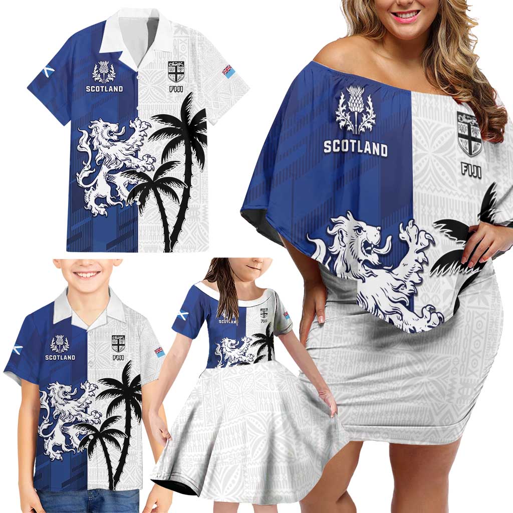 Fiji And Scotland Rugby Custom Family Matching Off Shoulder Short Dress and Hawaiian Shirt Fijian Palm Tree With Thistle Together