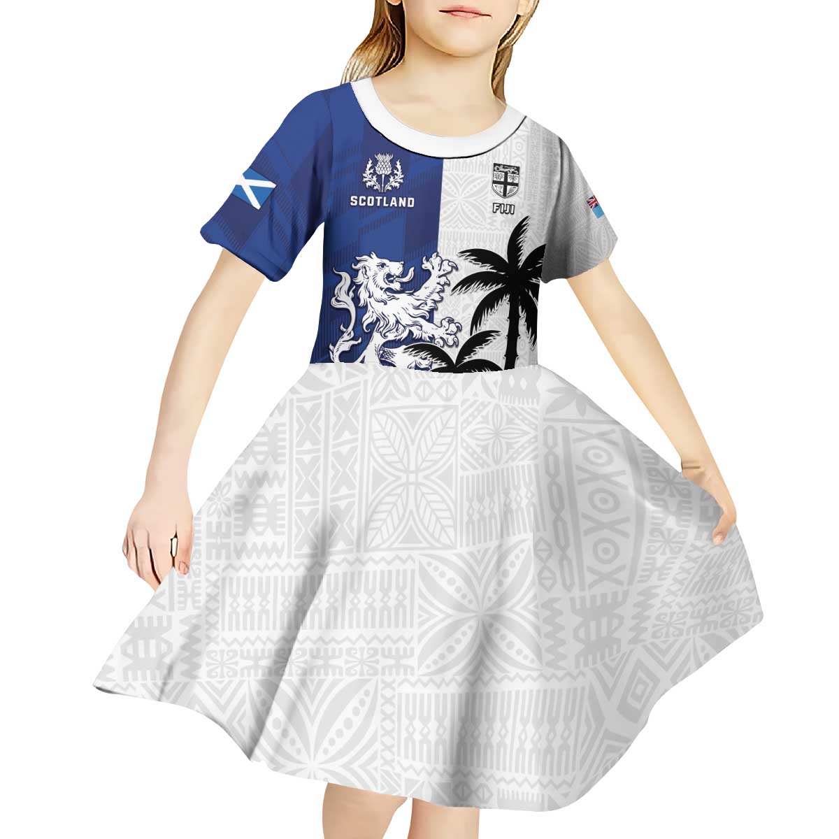 Fiji And Scotland Rugby Custom Kid Short Sleeve Dress Fijian Palm Tree With Thistle Together