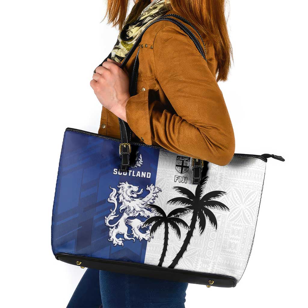 Fiji And Scotland Rugby Leather Tote Bag Fijian Palm Tree With Thistle Together