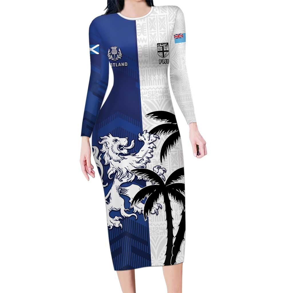 Fiji And Scotland Rugby Custom Long Sleeve Bodycon Dress Fijian Palm Tree With Thistle Together