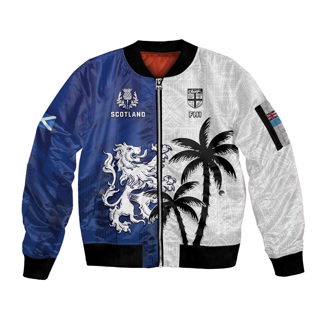 Fiji And Scotland Rugby Custom Sleeve Zip Bomber Jacket Fijian Palm Tree With Thistle Together