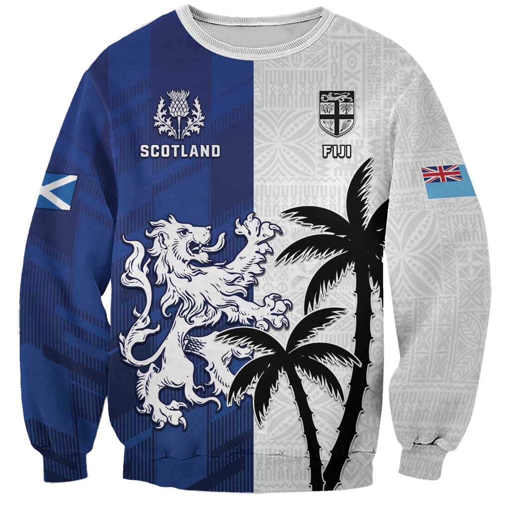 Fiji And Scotland Rugby Custom Sweatshirt Fijian Palm Tree With Thistle Together