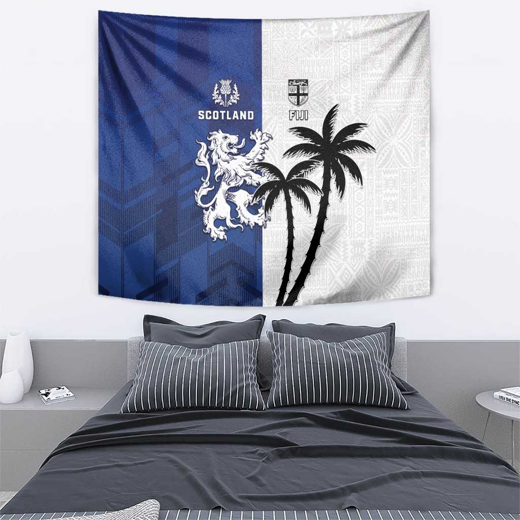 Fiji And Scotland Rugby Tapestry Fijian Palm Tree With Thistle Together