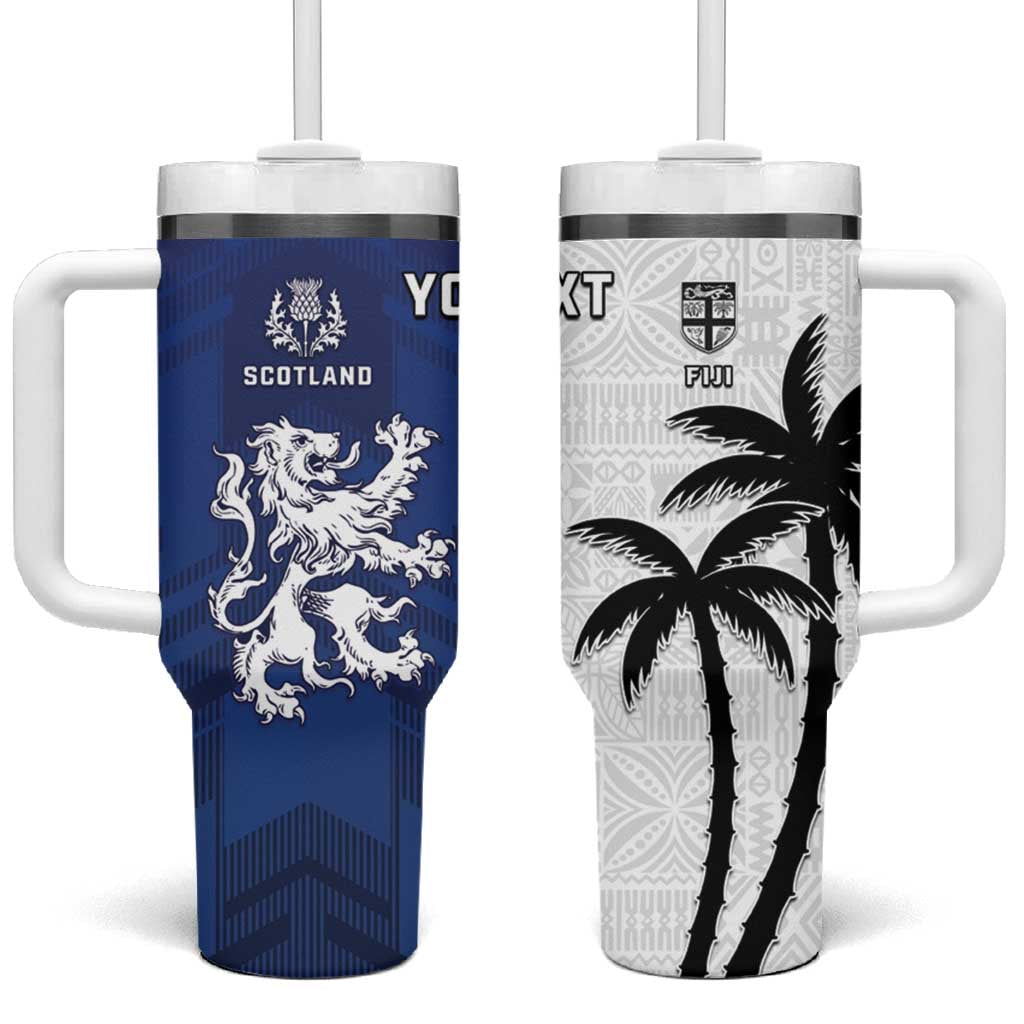 Fiji And Scotland Rugby Custom Tumbler With Handle Fijian Palm Tree With Thistle Together