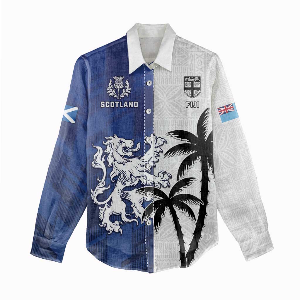 Fiji And Scotland Rugby Custom Women Casual Shirt Fijian Palm Tree With Thistle Together