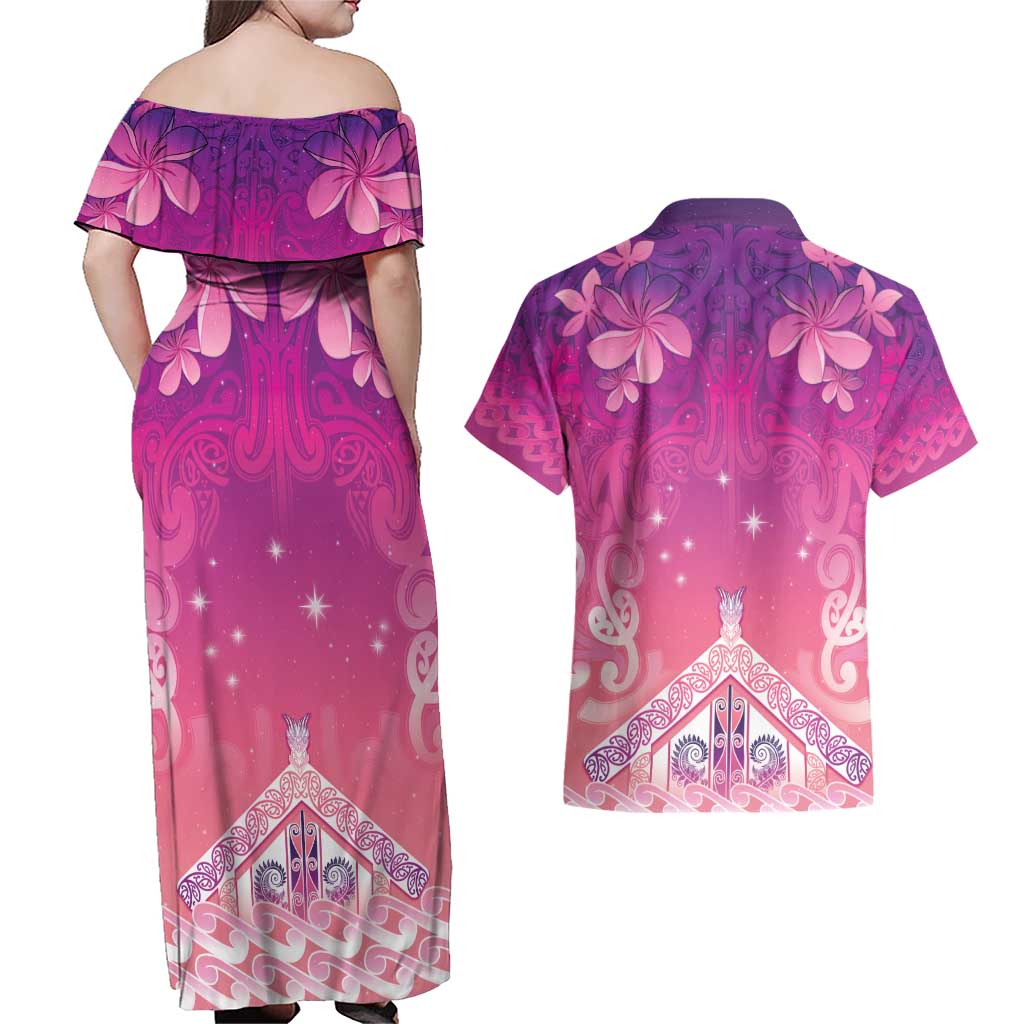 New Zealand Matariki Couples Matching Off Shoulder Maxi Dress and Hawaiian Shirt Maori Marae Purple Galaxy