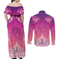 New Zealand Matariki Couples Matching Off Shoulder Maxi Dress and Long Sleeve Button Shirt Maori Marae Purple Galaxy