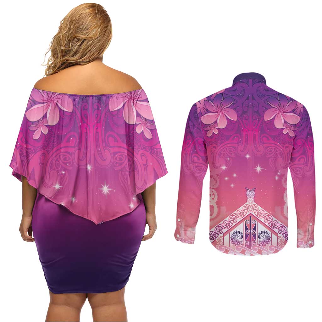 New Zealand Matariki Couples Matching Off Shoulder Short Dress and Long Sleeve Button Shirt Maori Marae Purple Galaxy