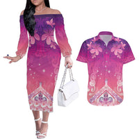 New Zealand Matariki Couples Matching Off The Shoulder Long Sleeve Dress and Hawaiian Shirt Maori Marae Purple Galaxy