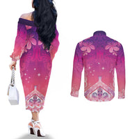 New Zealand Matariki Couples Matching Off The Shoulder Long Sleeve Dress and Long Sleeve Button Shirt Maori Marae Purple Galaxy