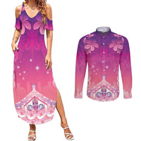 New Zealand Matariki Couples Matching Summer Maxi Dress and Long Sleeve Button Shirt Maori Marae Purple Galaxy
