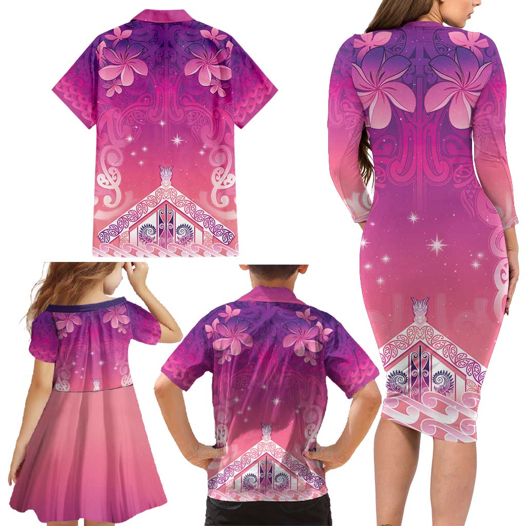 New Zealand Matariki Family Matching Long Sleeve Bodycon Dress and Hawaiian Shirt Maori Marae Purple Galaxy