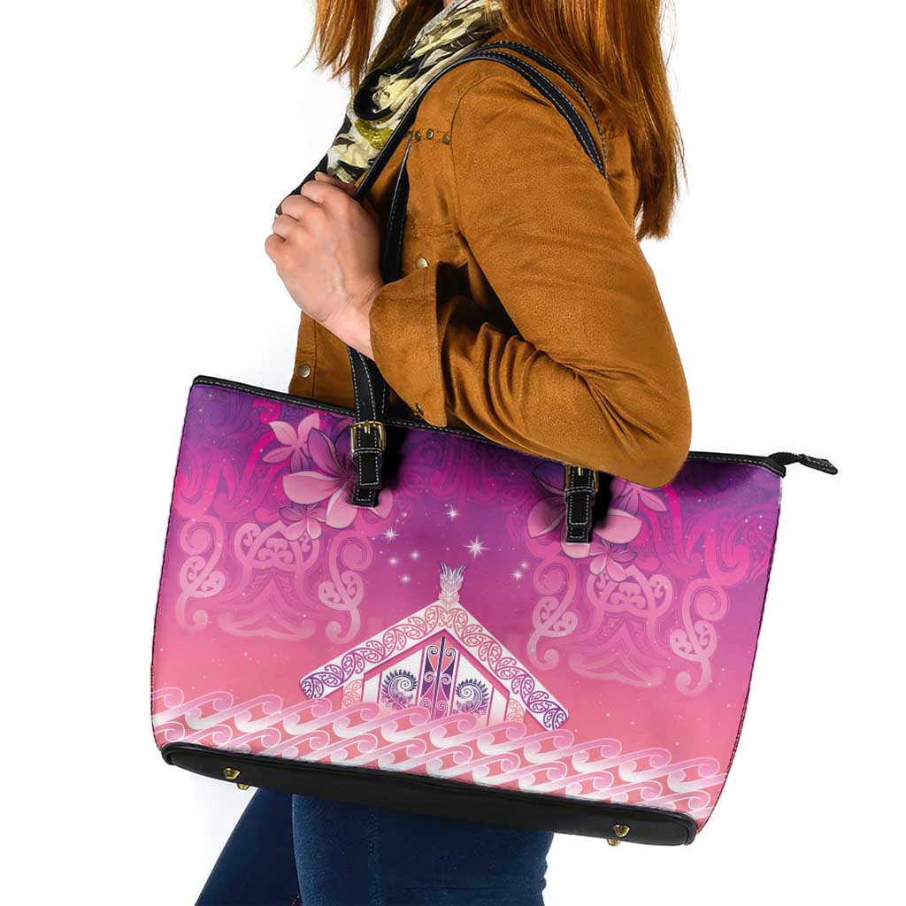New Zealand Matariki Leather Tote Bag Maori Marae Purple Galaxy