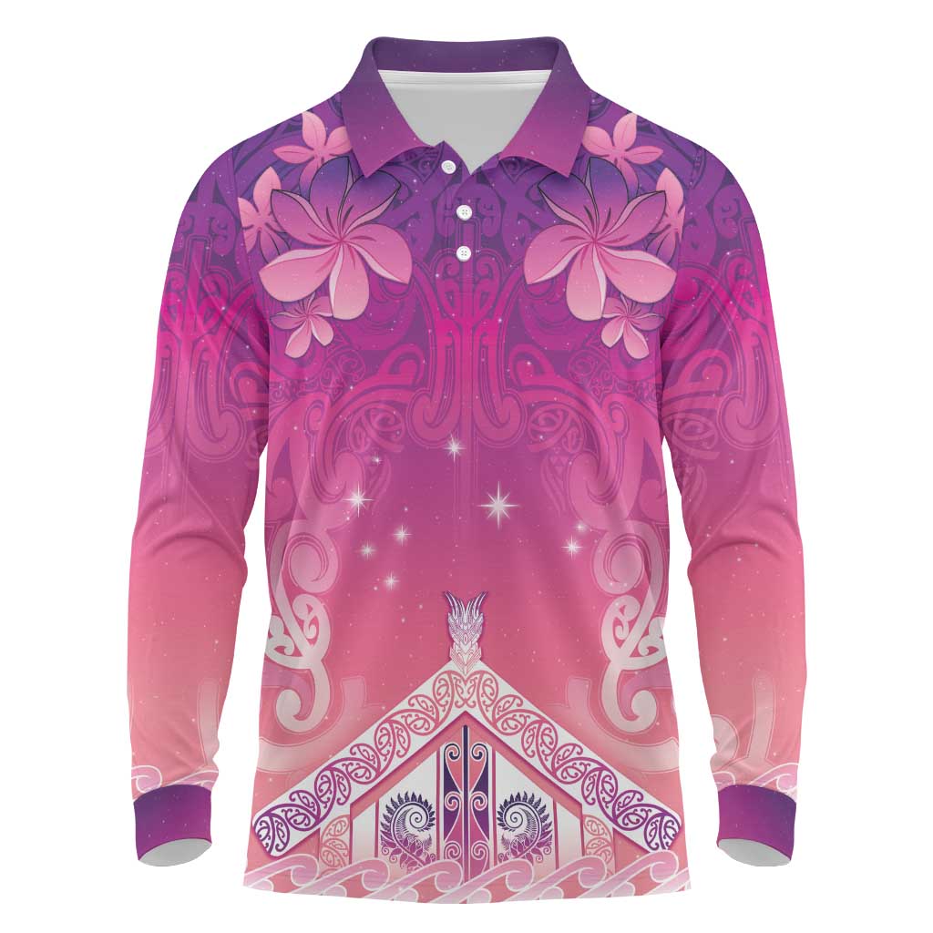 New Zealand Matariki Long Sleeve Polo Shirt Maori Marae Purple Galaxy