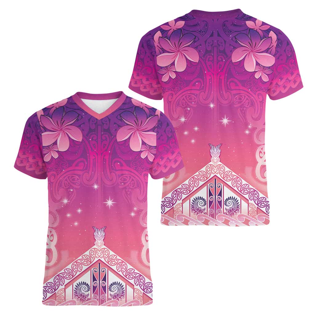 New Zealand Matariki Women V-Neck T-Shirt Maori Marae Purple Galaxy