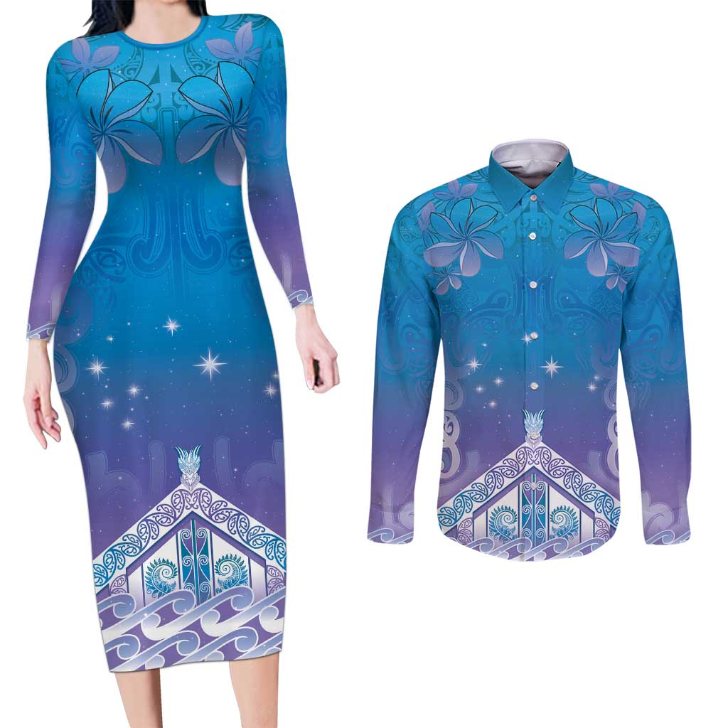 New Zealand Matariki Couples Matching Long Sleeve Bodycon Dress and Long Sleeve Button Shirt Maori Marae Cyan Galaxy