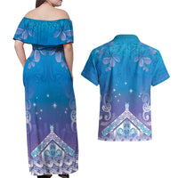 New Zealand Matariki Couples Matching Off Shoulder Maxi Dress and Hawaiian Shirt Maori Marae Cyan Galaxy