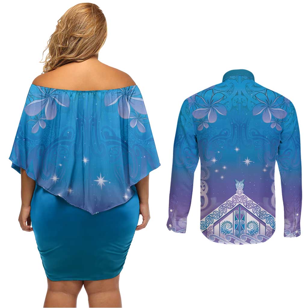 New Zealand Matariki Couples Matching Off Shoulder Short Dress and Long Sleeve Button Shirt Maori Marae Cyan Galaxy