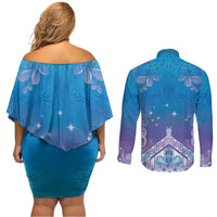 New Zealand Matariki Couples Matching Off Shoulder Short Dress and Long Sleeve Button Shirt Maori Marae Cyan Galaxy