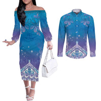 New Zealand Matariki Couples Matching Off The Shoulder Long Sleeve Dress and Long Sleeve Button Shirt Maori Marae Cyan Galaxy