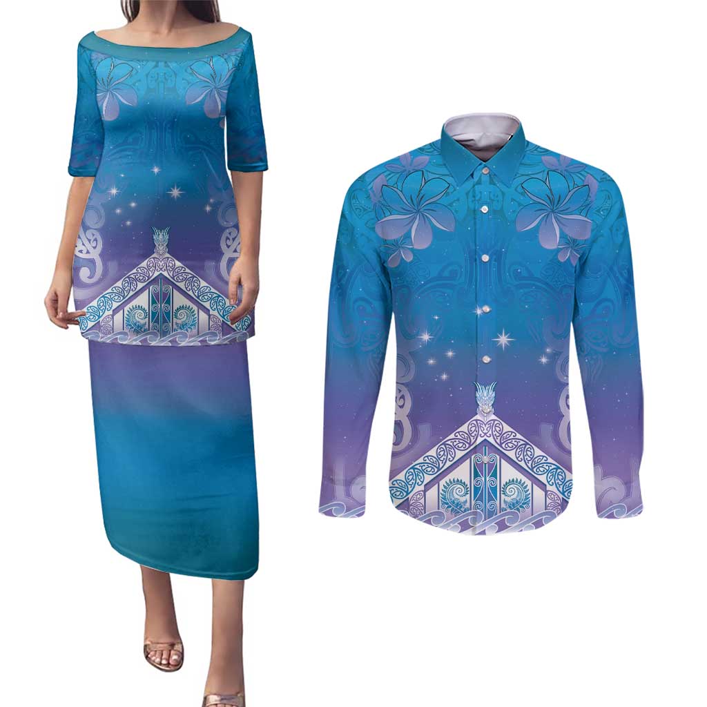 New Zealand Matariki Couples Matching Puletasi and Long Sleeve Button Shirt Maori Marae Cyan Galaxy