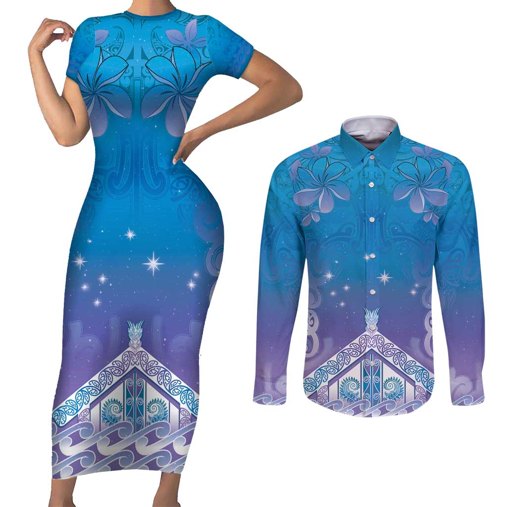 New Zealand Matariki Couples Matching Short Sleeve Bodycon Dress and Long Sleeve Button Shirt Maori Marae Cyan Galaxy