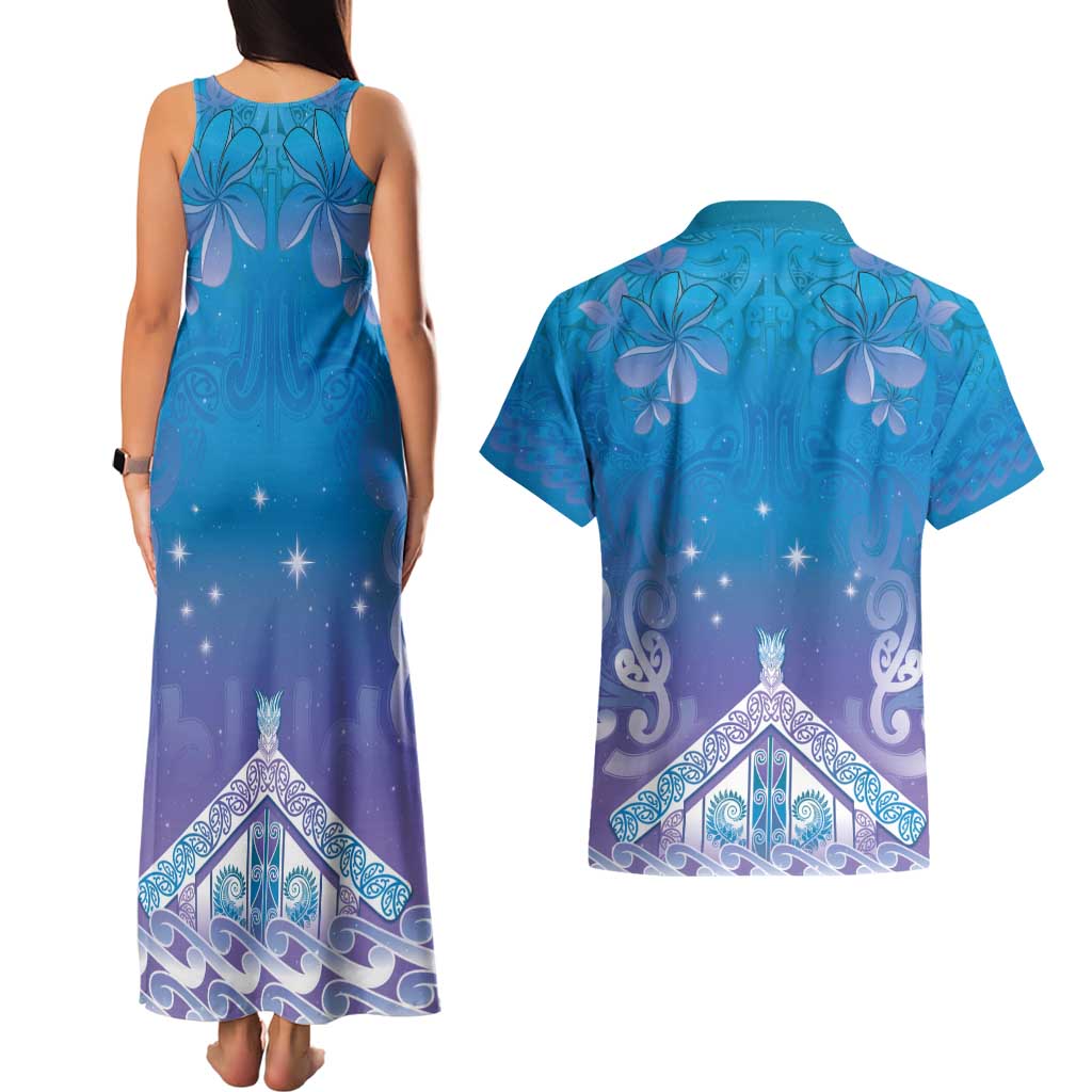 New Zealand Matariki Couples Matching Tank Maxi Dress and Hawaiian Shirt Maori Marae Cyan Galaxy