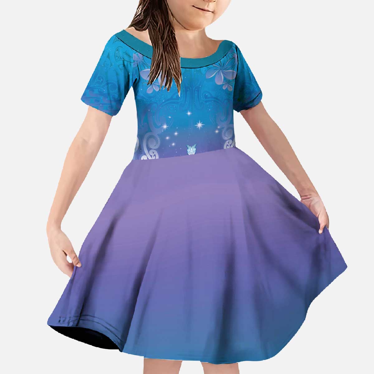 New Zealand Matariki Family Matching Off The Shoulder Long Sleeve Dress and Hawaiian Shirt Maori Marae Cyan Galaxy