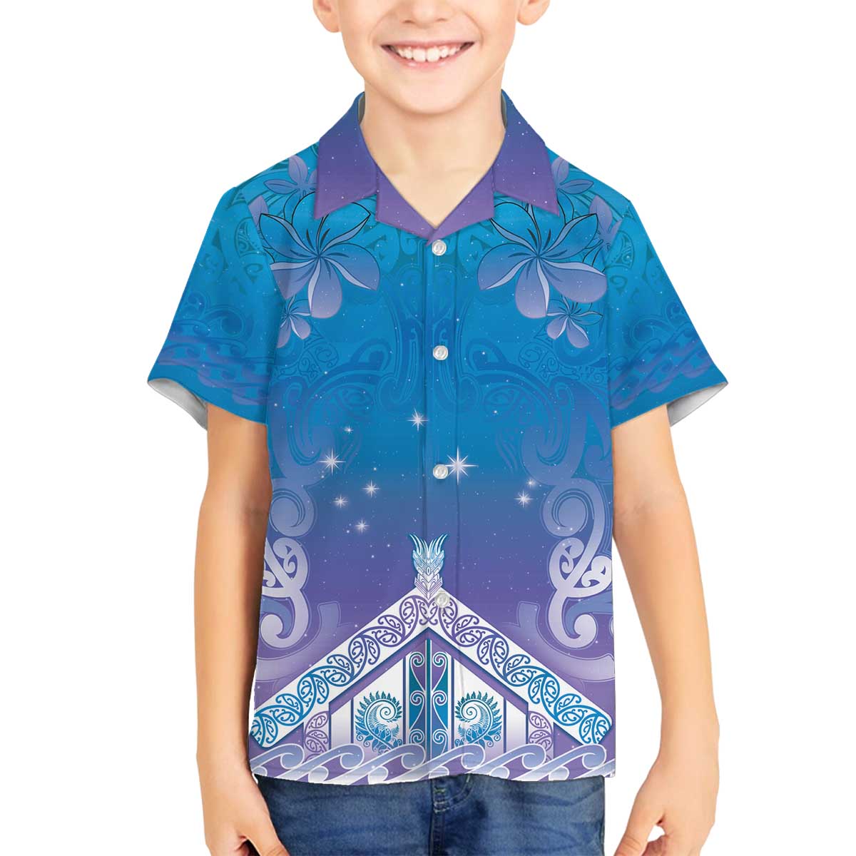 New Zealand Matariki Family Matching Off The Shoulder Long Sleeve Dress and Hawaiian Shirt Maori Marae Cyan Galaxy
