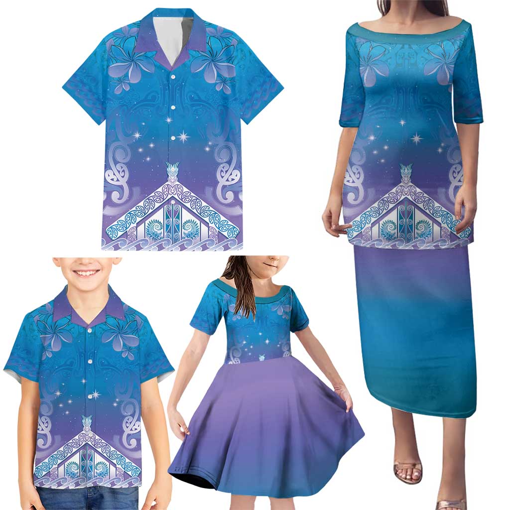 New Zealand Matariki Family Matching Puletasi and Hawaiian Shirt Maori Marae Cyan Galaxy