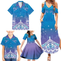 New Zealand Matariki Family Matching Summer Maxi Dress and Hawaiian Shirt Maori Marae Cyan Galaxy