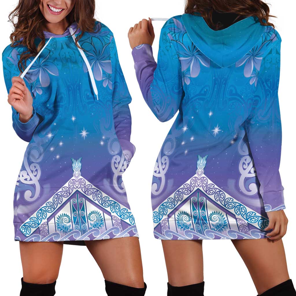 New Zealand Matariki Hoodie Dress Maori Marae Cyan Galaxy