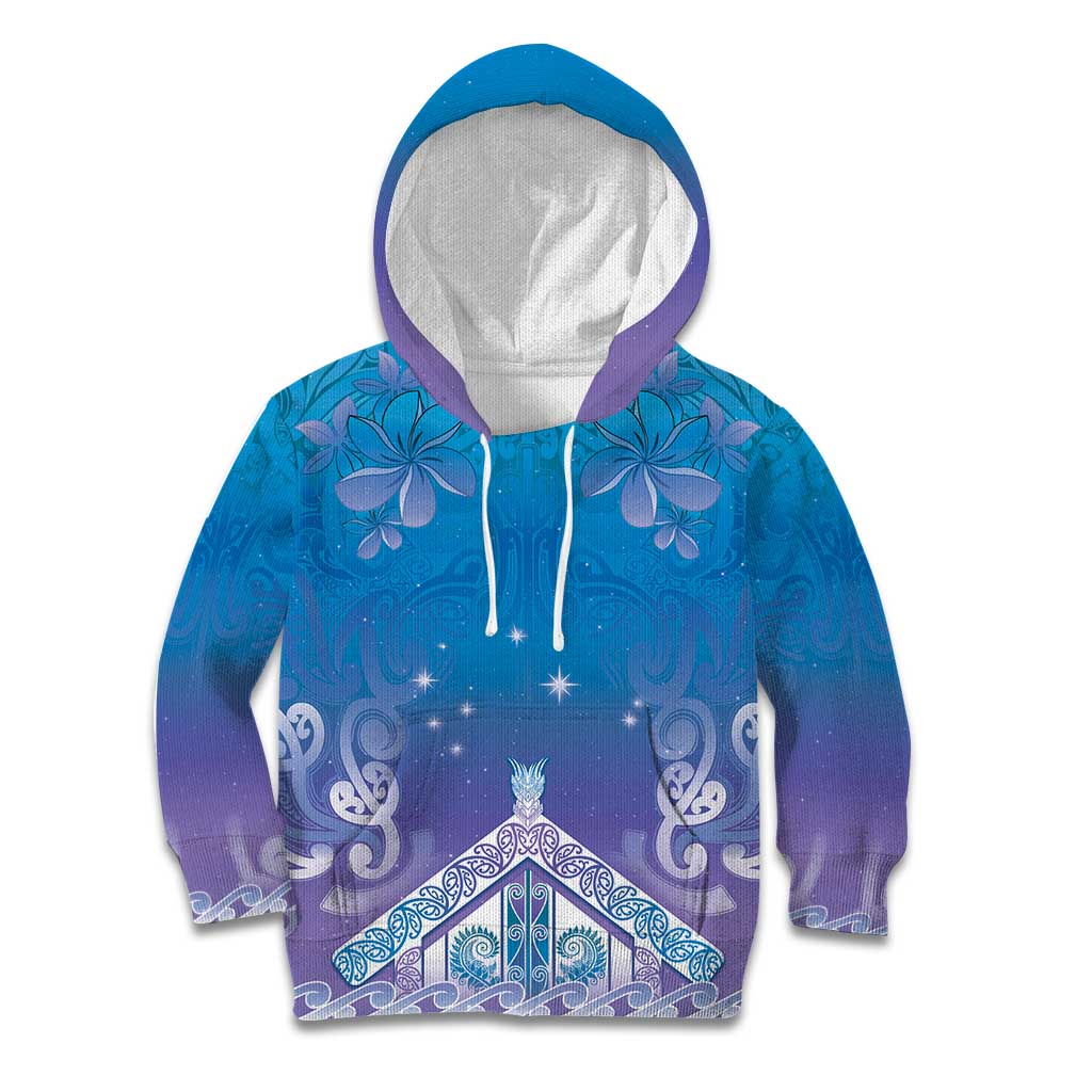 New Zealand Matariki Kid Hoodie Maori Marae Cyan Galaxy