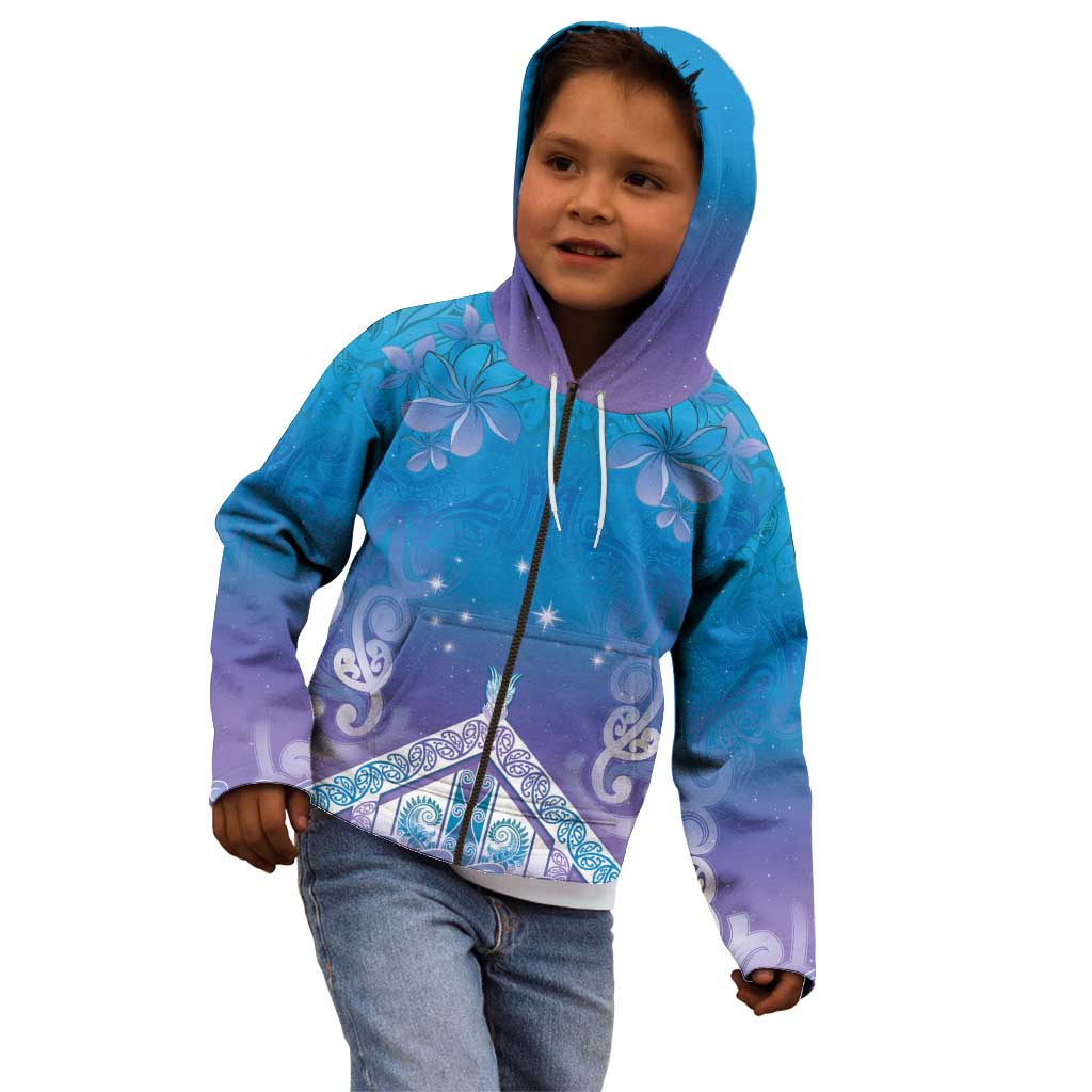 New Zealand Matariki Kid Hoodie Maori Marae Cyan Galaxy