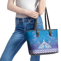 New Zealand Matariki Leather Tote Bag Maori Marae Cyan Galaxy