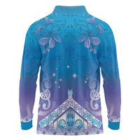 New Zealand Matariki Long Sleeve Polo Shirt Maori Marae Cyan Galaxy