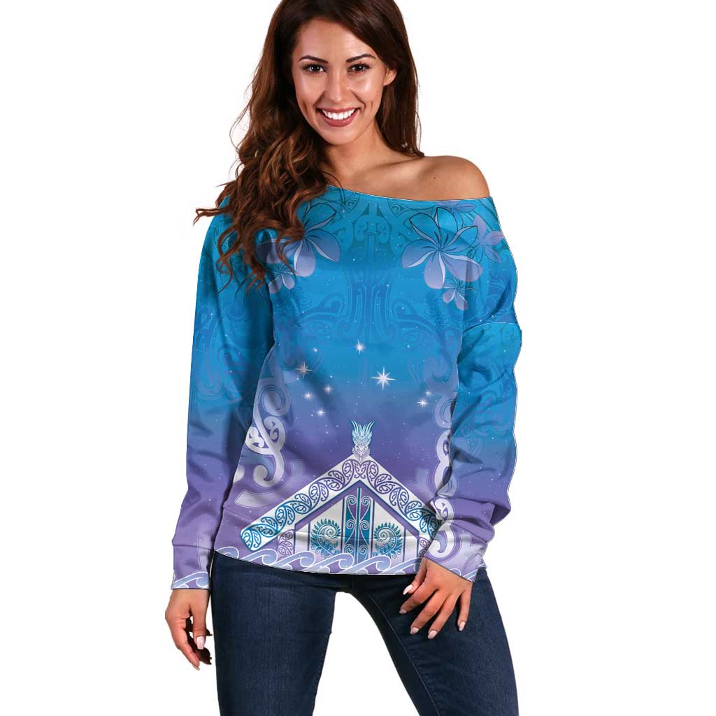 New Zealand Matariki Off Shoulder Sweater Maori Marae Cyan Galaxy
