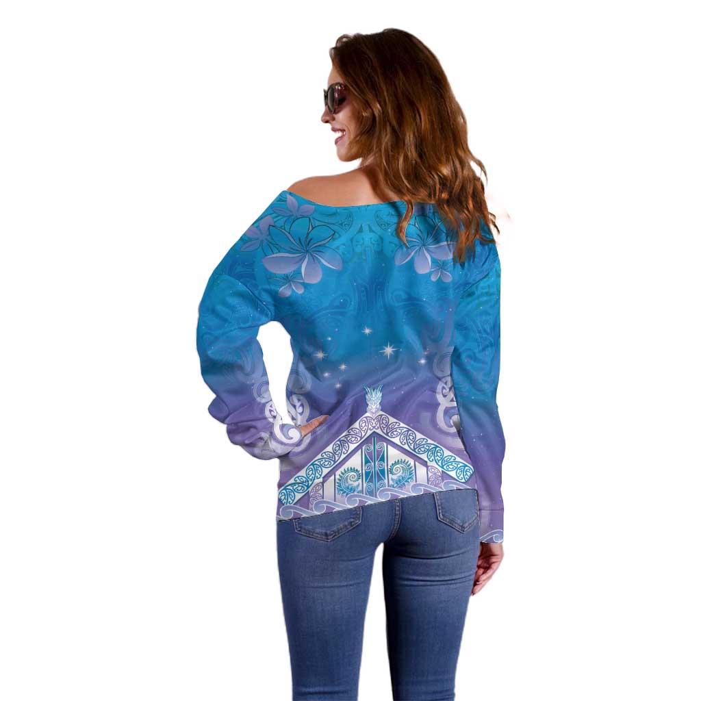 New Zealand Matariki Off Shoulder Sweater Maori Marae Cyan Galaxy