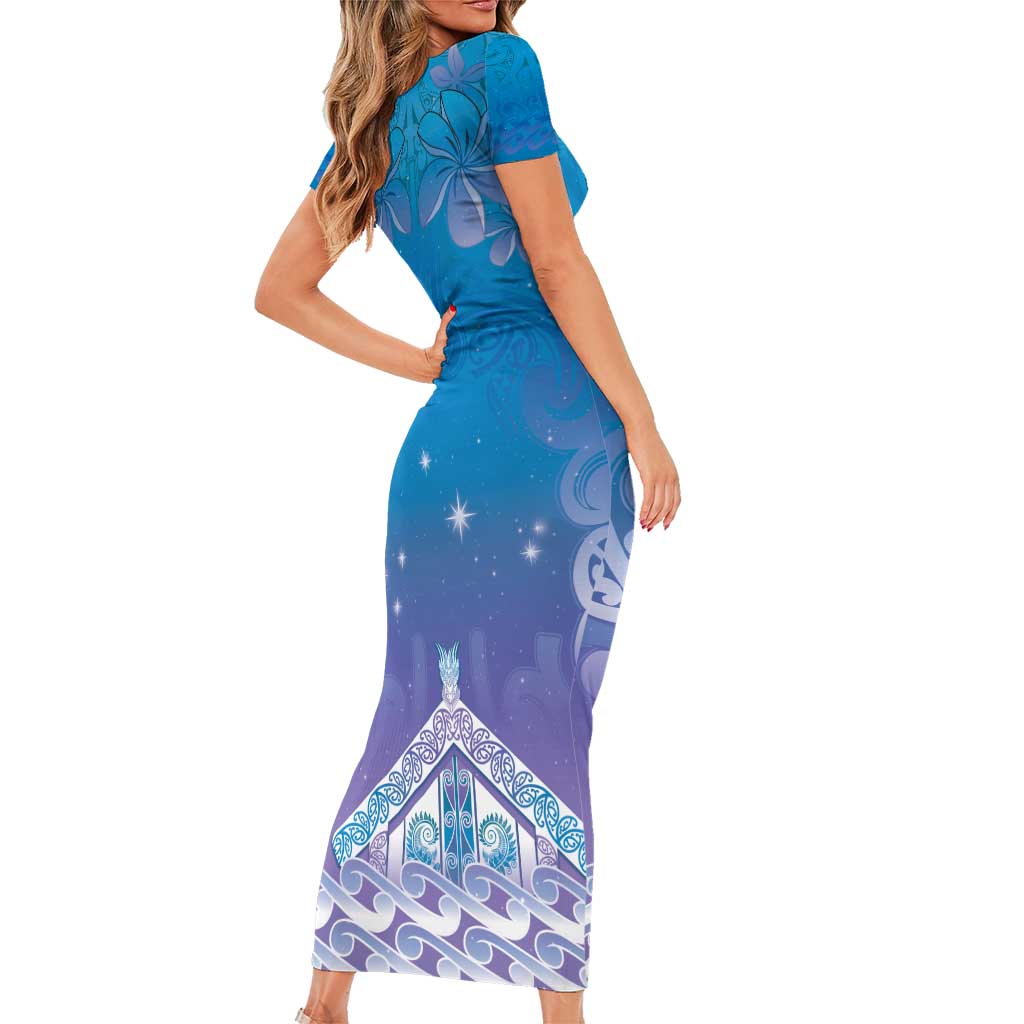 New Zealand Matariki Short Sleeve Bodycon Dress Maori Marae Cyan Galaxy