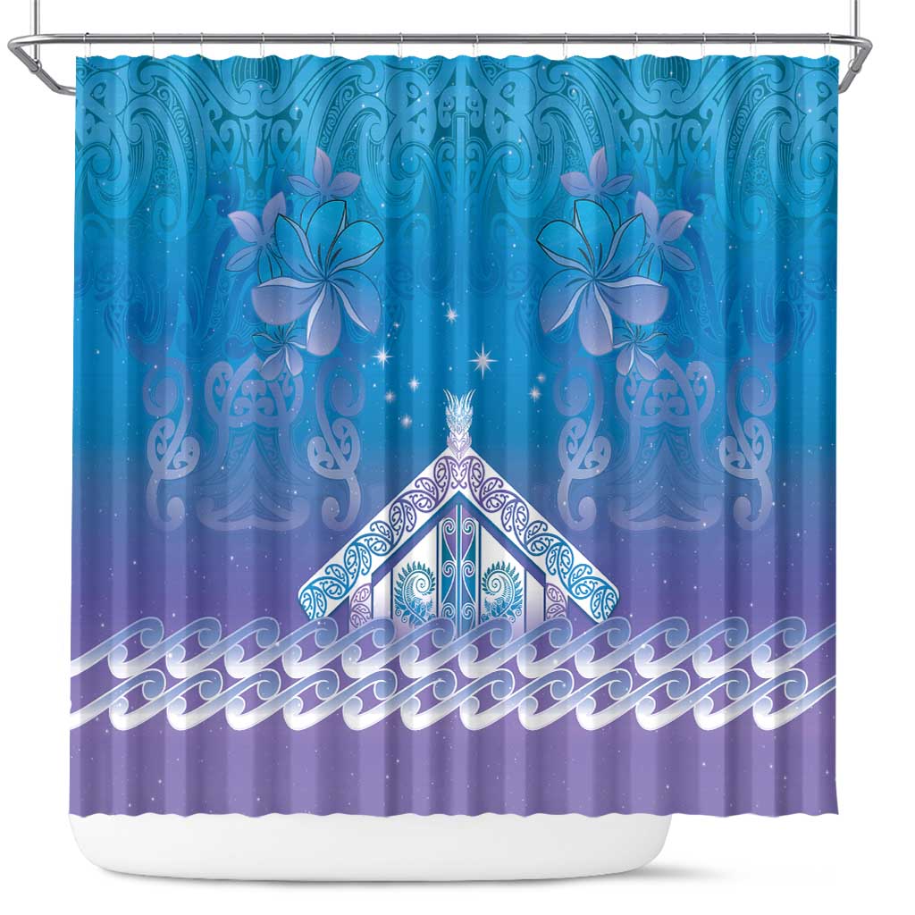 New Zealand Matariki Shower Curtain Maori Marae Cyan Galaxy
