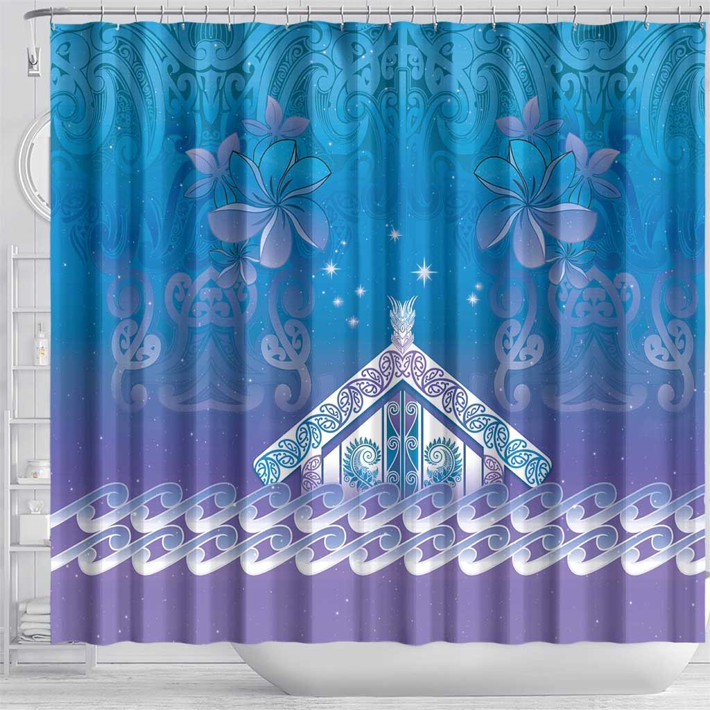 New Zealand Matariki Shower Curtain Maori Marae Cyan Galaxy